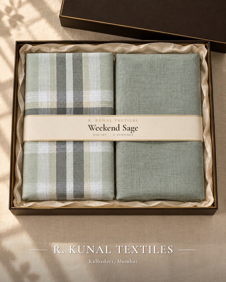Weekend Sage fabric gift set (Duo, 2 shirtings) in a gift box, R. Kunal Textiles Mumbai