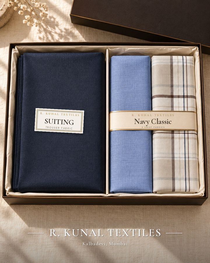 Navy Classic — Complete Look · 2 Shirts + Suiting fabric set — R. Kunal Textiles Kalbadevi Mumbai