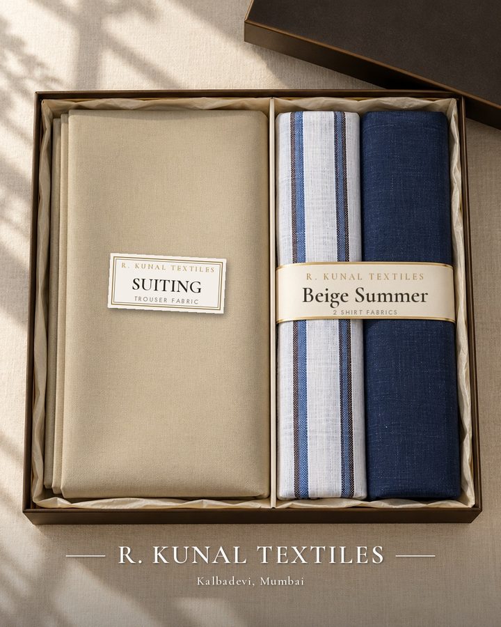 Beige Summer fabric gift set (Complete Look, 2 shirtings + Digjam suiting) in a gift box, R. Kunal Textiles Mumbai