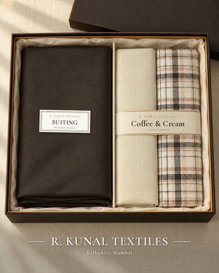 Coffee & Cream fabric gift set (Complete Look, 2 shirtings + Raymond suiting) in a gift box, R. Kunal Textiles Mumbai