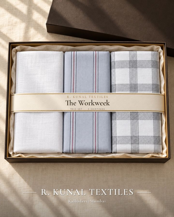 The Workweek — Trio · 3 Shirtings fabric set — R. Kunal Textiles Kalbadevi Mumbai