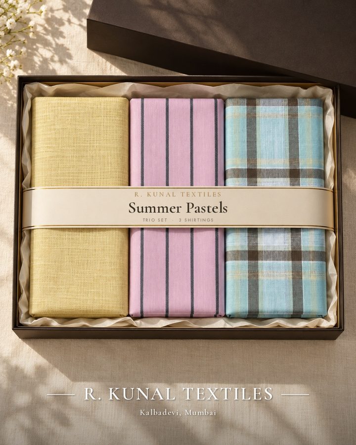 Summer Pastels fabric gift set (Trio, 3 shirtings) in a gift box, R. Kunal Textiles Mumbai